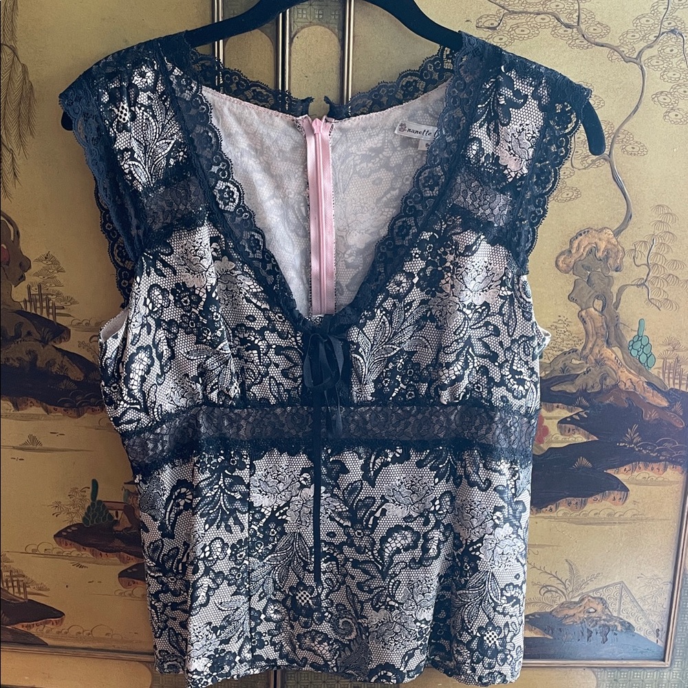 NANETTE LEPORE Blush Pink Black Lace Print Silk Boudoir Top Tank Ribbon Bow 8